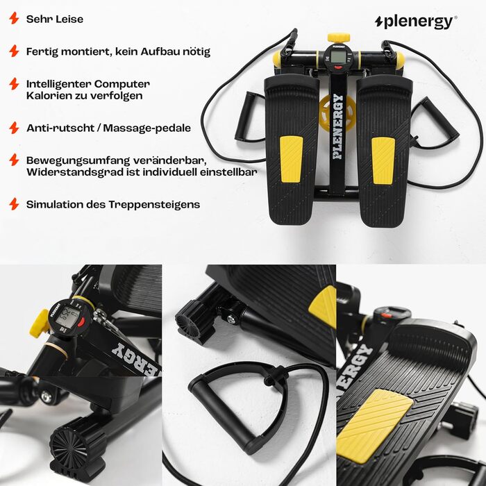 Міні степпер для дому з еспандерами Plenergy X1, максимальне навантаження 100 кг, регульований опір, багатофункціональний дисплей, компактний фітнес-тренажер