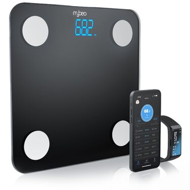 Цифрова вага Bluetooth з додатком - вага для вимірювання жиру, персональна вага, багатофункціональна вага. Аналіз тіла, BMI, жир, м'язи, кістки. Чорний колір
