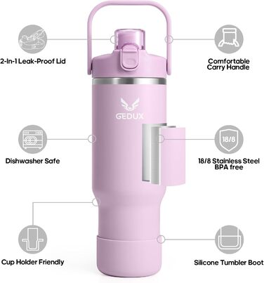 Спортивна термобутилка GEDUX IceFlow Flip Straw 1 л з трубочкою, зберігає холод понад 12 годин, герметична, BPA Free, для води, для спорту, придатна для миття в посудомийній машині, світло-фіолетова