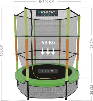 Дитячий батут KINETIC SPORTS 140 см з гумовою підвіскою, захисною сіткою на блискавці, м'яким бортиком і сіткою для підлоги – ігровий батут для дому
