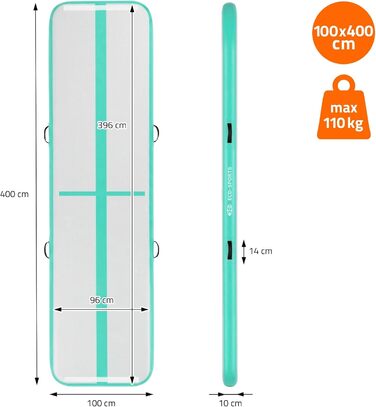 Гимнастичний мат Airtrack ECD Germany для тумблінгу та фітнесу, надувний мат для спорту та йоги з електричним насосом та сумкою, м'ятно-зелений (400 x 100 x 10 см)