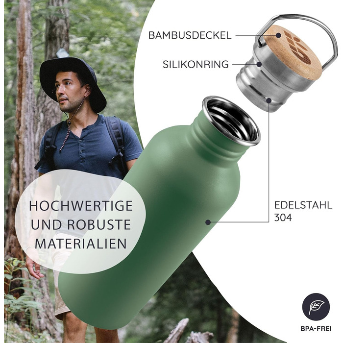 Водяна пляшка Bambaw з нержавіючої сталі 1л | Багаторазова еко-пляшка | Для кемпінгу та походів | Без пластику | Спортивна пляшка, не протікає (750 мл, м'ятний)