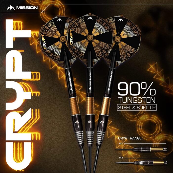 Набір дротиків Mission Darts Crypt 90% вольфрам, чорний і золотий, PVD-покриття, сталевий наконечник, різні стилі та ваги