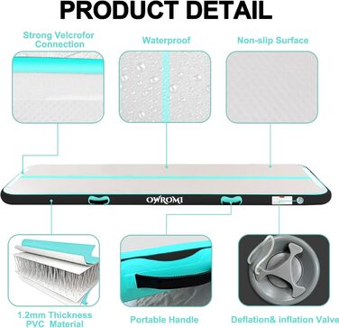 Надувний гімнастичний мат для акробатики та tumbling (6м x 1м x 10см) з електронасосом, зелений/чорний