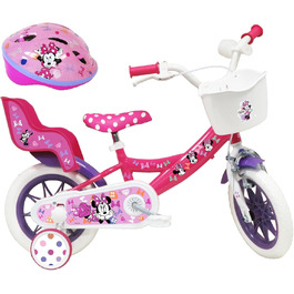 Дитячий велосипед 12 дюймів Disney Minnie Mouse з кошиком, тримачем для ляльки, гальмом, захисним щитком і шоломом, рожевий, для дівчаток