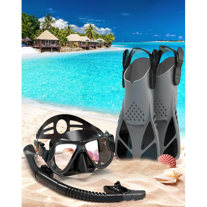 Набір для снорклінгу Zenoplige для дорослих: маска, трубка, ласти. Повний чорний силікон, розмір L-XL