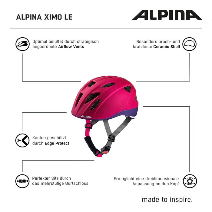Дитячий велосипедний шолом ALPINA XIMO L.E., легкий, ударостійкий, з LED-підсвіткою, deeprose-violet матовий, 49-54 см