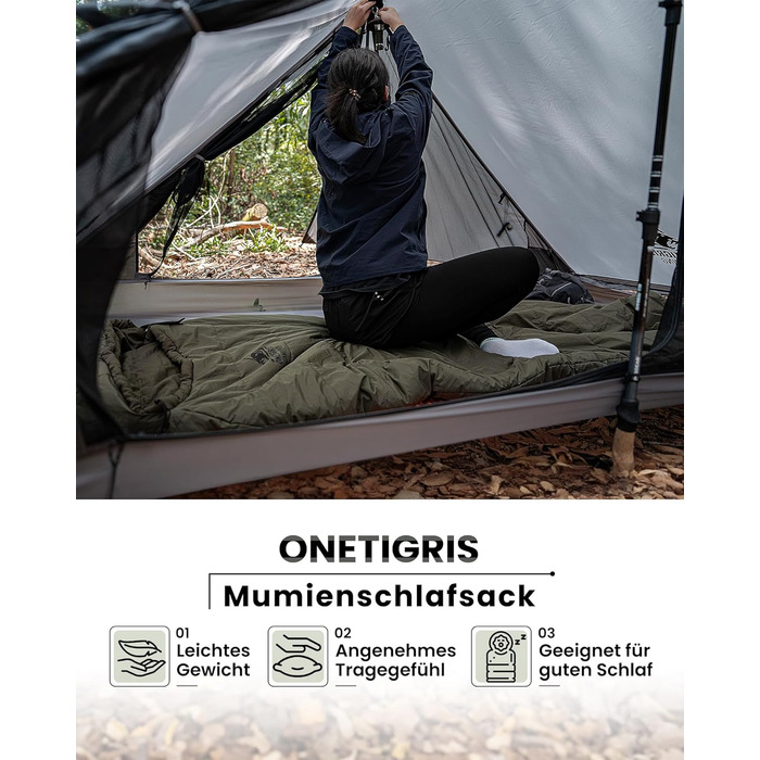 Спальний мішок OneTigris 3 сезони, 8-15°C, компактний, ultralight, для кемпінгу, подорожей, походів (зелений)