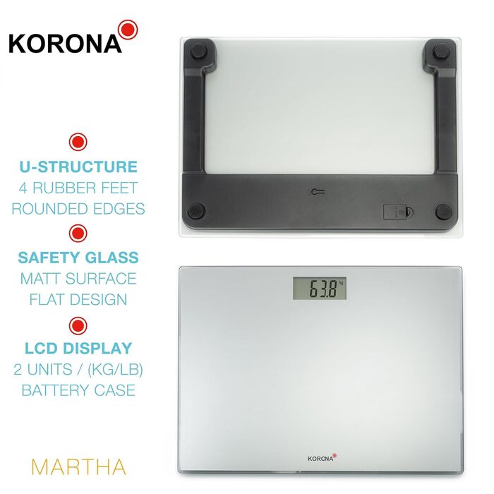 Цифрова скляна вага Korona Martha XXL, 40 см, 200 кг, срібляста