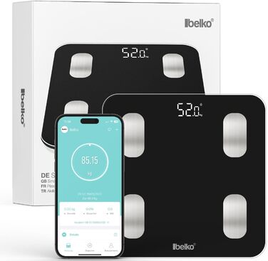 Вага Belko для вимірювання жиру в тілі Smart з Bluetooth® та додатком для вимірювання жиру, ІМТ, ваги, м'язової маси, води, білка, BMR та іншого, чорна