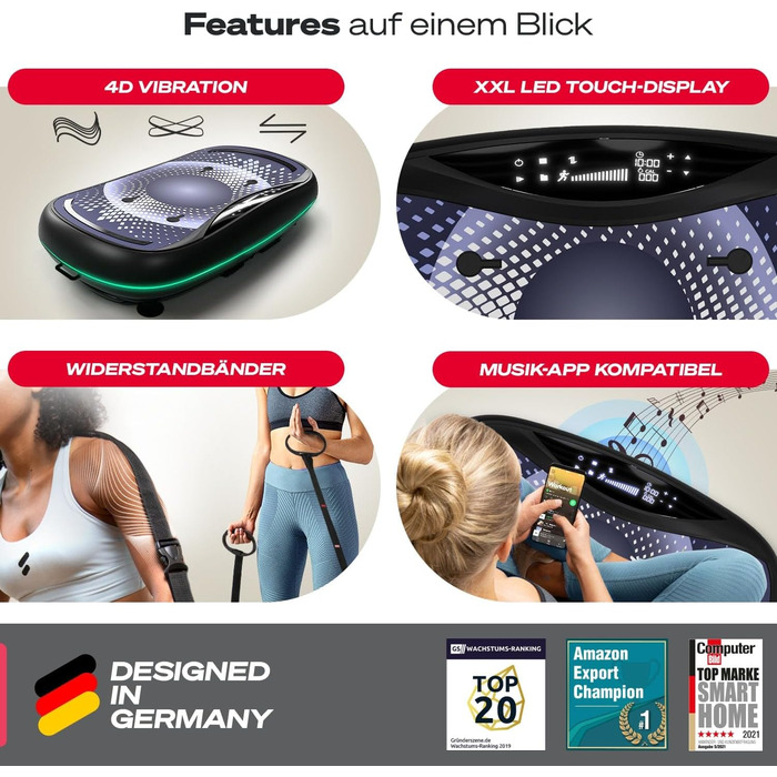 Платформа для вібрації Sportstech 4D Premium VP500 з LED-дисплеєм та Bluetooth | Для фітнесу та йоги вдома | Німецька якість