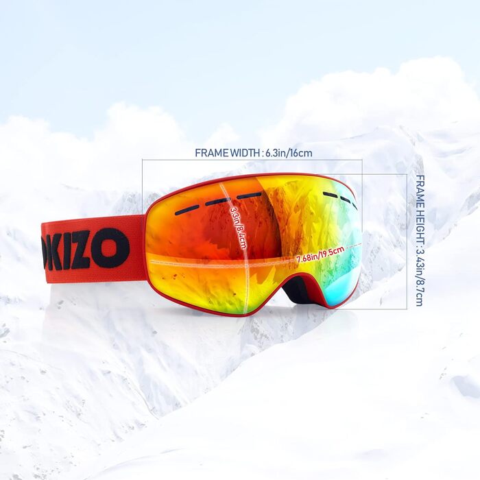 Снігові окуляри Dizokizo з регульованим ремінцем для сноуборду, антизапітніючі, 100% захист від УФ-випромінювання, тришаровий дихаючий матеріал, тиснений ремінь, для жінок, чоловіків, молоді (S, червоний)