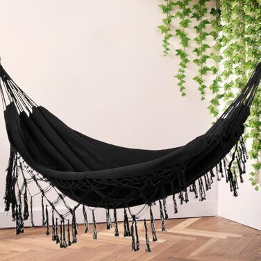 Гамак подвійний 200x150 см, бавовна, до 200 кг, Boho стиль, для саду, балкону, тераси, чорний