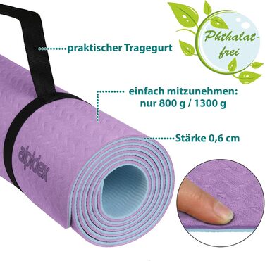 Килимок для йоги Alpidex, 190 x 61 x 0.6 см, антиковзаючі, TPE, фітнес, пілатес, тренування, фіолетовий/блакитний | з електронною книгою