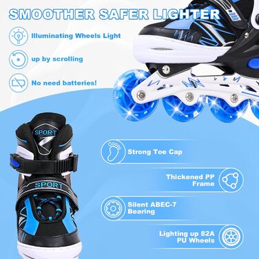 Регульовані дитячі ролики для катання на роликах, світлові колеса, чорно-синій колір, для хлопчиків та дівчаток