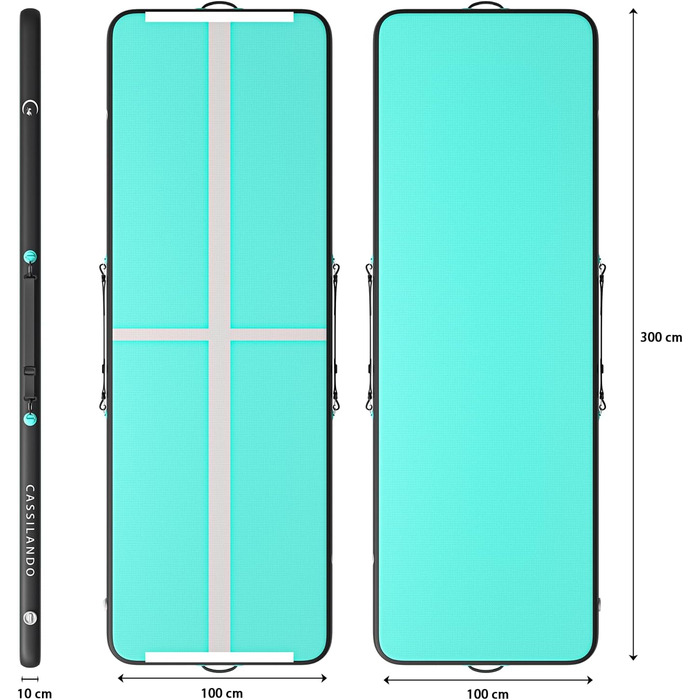 Airtrack CASSILANDO 300x100x10 см - Надувний мат для гімнастики, акробатики та йоги (М'ятний/Чорний)