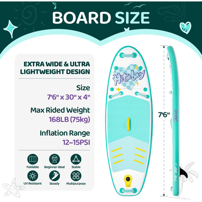 Надувне SUP-борд для дітей та підлітків: комплект з аксесуарами, 75/80/120 кг, м'ятно-зелений