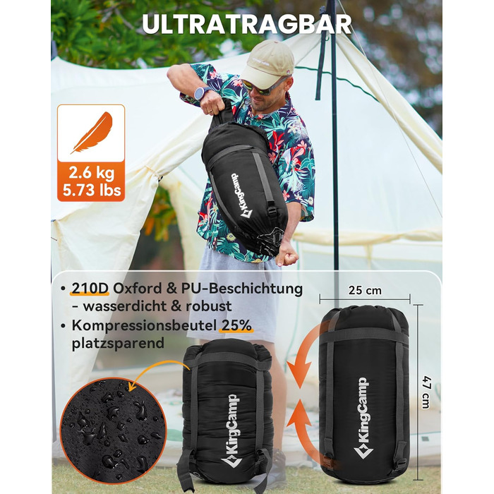 Спальний мішок KingCamp Flannel для дорослих, 3-4 сезони, ультралегкий, бавовна, теплий, ковдровий, водонепроникний, для кемпінгу, чорний, L, блискавка