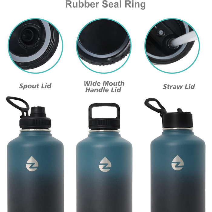 Термос-пляшка 2L з нержавіючої сталі з трубочками та 3 кришками, термос-пляшка з паракордом, термокана 2 літри з щіткою для миття, для фітнесу (Синій+Чорний)