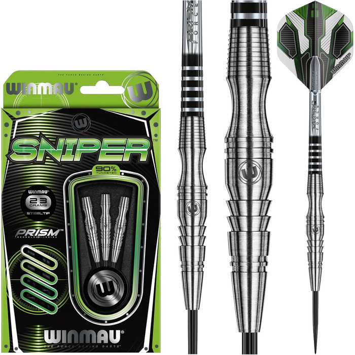 Дротики Winmau Sniper Profi з вольфраму для дартсу, сталевий наконечник, 23 г, комплект з оперенням та стрижнями