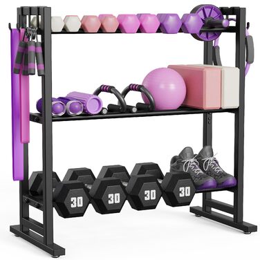 Регульована трирівнева стійка для гантелей Niffgaff з подовженим дном та бічними гачками, міцна, вантажопідйомність 204 кг, для домашньої тренажерної зали (лише стійка)