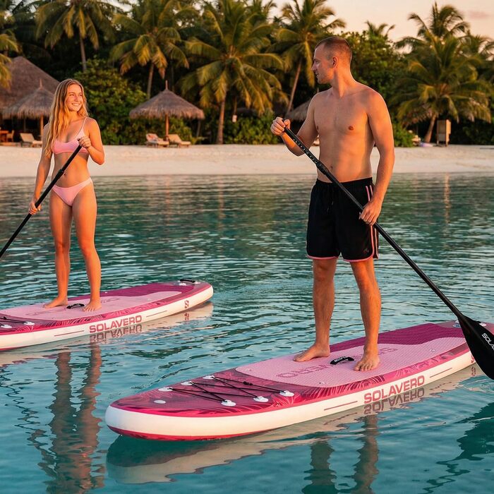 SUP дошка Solavero надувна з комплектом, 323x83x15 см, до 200 кг, рожевий джунглі - для початківців та сімей