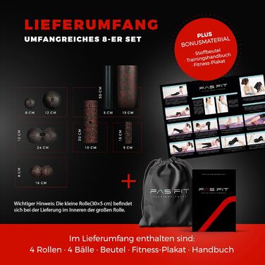 Ролик для фасції Fas Fit - масажний ролик та м'ячі для фасцій - ролик для ефективних тренувань фасцій. В комплекті: постер, посібник вправ, електронна книга та мішок для тренувань 8 шт. чорний/червоний