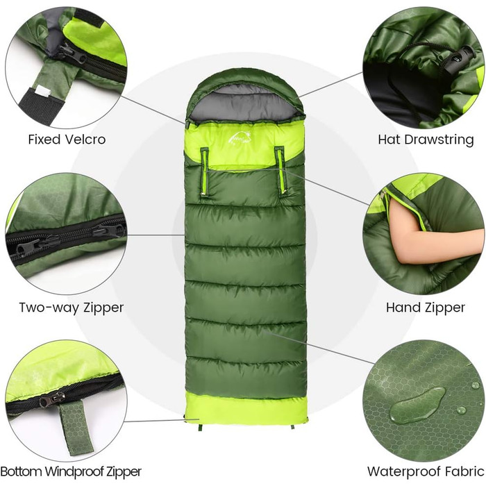Сплячий мішок-одеяло, трансформований, -10°C до 20°C, дихаючий, з'єдний, ультралегкий для відпочинку, кемпінгу, походів, альпінізму (ліва блискавка, армійський зелений)