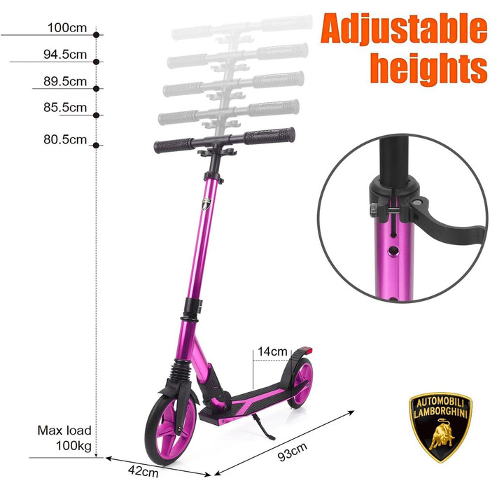 Скутер Lamborghini Tretroller Cityroller з великим колесом, складний, регульована висота, для дорослих та дітей, з підставкою, передньою амортизацією та гальмом на задньому колесі, до 100 кг (фіолетовий)