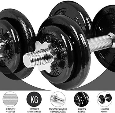 Комплект гантелей GORILLA SPORTS 20 кг з кейсом, 8 чавунних дисків, 30 мм гриф із насічкою, зіркоподібні замки