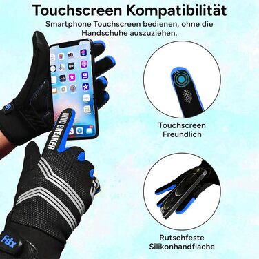 Зимові вело рукавички FDX з повним пальцем, дихаючі, водовідштовхувальні, вітронепроникні, з гелевою підкладкою, сумісні з сенсорними екранами, нековзкі, теплі – ідеальні для MTB, шосе, їзди на велосипеді та бігу. Чорний/Білий (Чорний/Синій, XL)