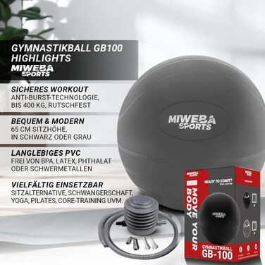 Гімнастичний м'яч Miweba Sports GB-100, 65 см, до 400 кг, сірої, з ПВХ — фітнесбол, ергономічний м'яч-стілець для офісу та тренувань