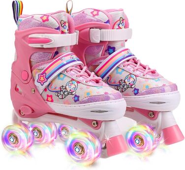 Роликові ковзани для дітей з LED підсвічуванням, регульовані, зручні та дихаючі, квад ковзани для дівчаток та хлопчиків, початківців (рожеві, L(39-42))
