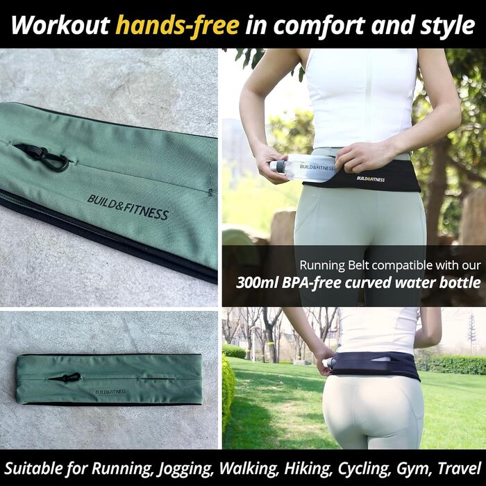 Поясна сумка для бігу Build & Fitness, Khaki: тримач для телефону, ключа, зручна та легка для жінок і чоловіків. Підходить для Samsung та iPhone.