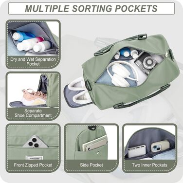 Спортивна сумка HYC00 для жінок та чоловіків, дорожня сумка-вояджер, Gym bag, сумка для плавання, йоги, тренувань, з відділенням для мокрого одягу та взуття, армійний зелений