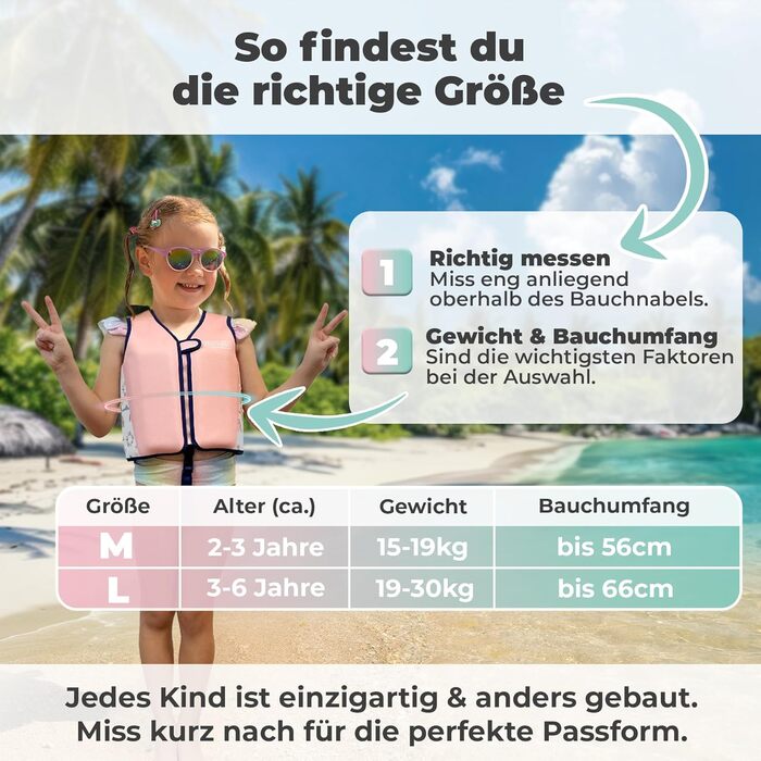 Дитячий жилет для плавання Kidverse - перевірений лідер тестів & сертифікований TÜV, для дітей від 2 років, з регульованою плавучістю, CE-сертифікований, з м'якого преміум-неопрену, рожево-білий, розмір M