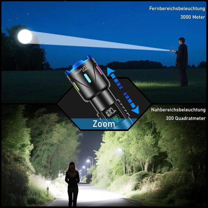 Ліхтар налобний LED перезарядна Voylite 500000 Люмен, 5000 mAh, LCD-дисплей, 3 режими, Zoom, для кемпінгу та відпочинку на природі, матовий чорний