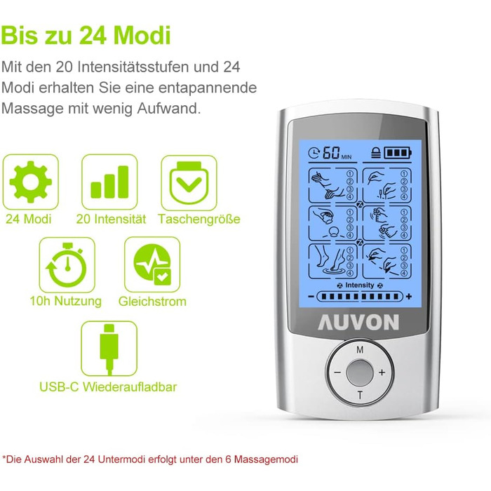 AUVON TENS пристрій: електростимулятор для зняття болю з 24 програмами, 2 канали та 10 шт. електродів преміум-якості