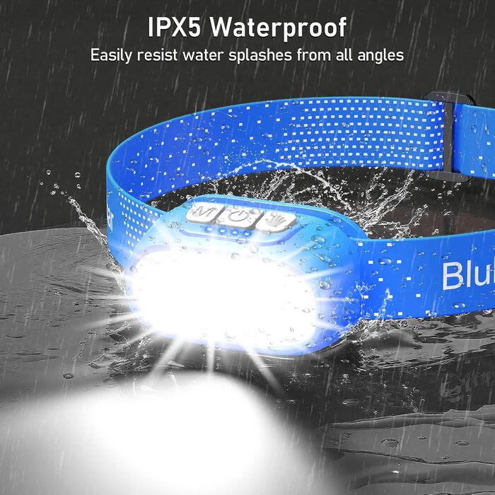 Кепка-ліхтарик Blukar LED з 2 режимами кольору, перезарядна, 2000L, регульована яскравість, червоне світло, датчик, 12 режимів, водонепроникна, 30+ годин роботи для надзвичайних ситуацій/кемпінгу/бігу (Королівський блакитний)