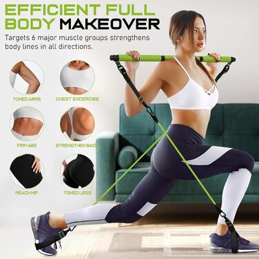 Pilates Bar Kit з гумовими стрічками Grün – багатофункціональний тренажер для пілатесу для жінок та чоловіків з міцною металевою пряжкою, обладнання для домашніх тренувань для всього тіла