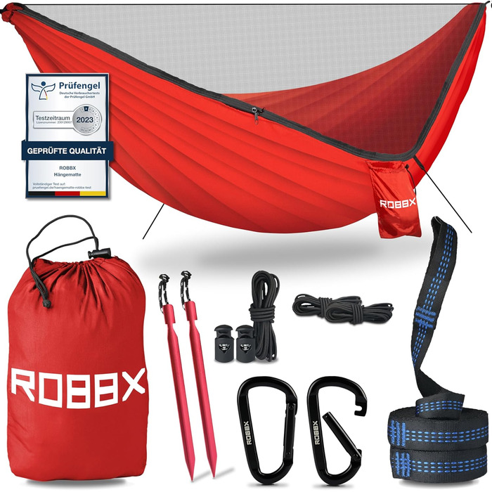 Гамак для відпочинку на відкритому повітрі ROBBX® з москітною сіткою на 2 особи | Максимальне навантаження 300 кг | Подвійний гамак з комплектом кріплень | Нейлоновий гамак для кемпінгу та подорожей | 290x140 см (Червоний)