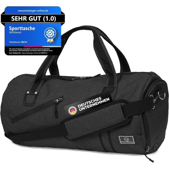 Спортивна сумка WOLFSBÜTEL® 50L: для подорожей, з відділенням для взуття та мокрих речей | Водостійка, з регульованим плечовим ременем | Ідеальна для басейну, спортзалу та подорожей (Чорна)