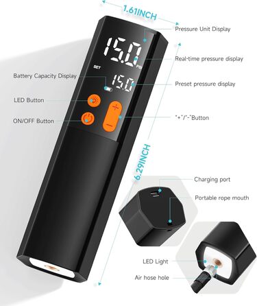 Електричний насос для м'ячів Teffim: 4 режими, 15 PSI, манометр, 3 голки для баскетболу та футболу