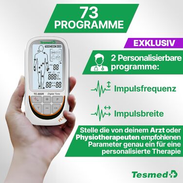 TESMED TE-880R Plus: Музелелектричний стимулятор TENS EMS, пристрій для зняття болю та масажу, 73 програми (2 налаштовуються), 8 електродів