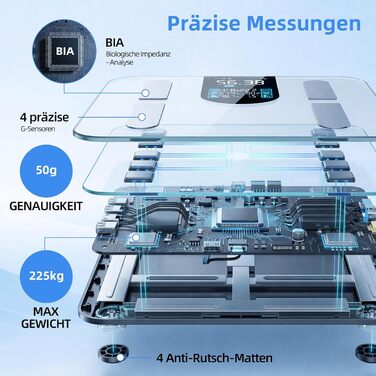 Розумні ваги для аналізу складу тіла з визначенням відсотка жиру, м'язової маси, BMI та вісцерального жиру, 25 показників, BIA-технологія, до 225 кг, чорні