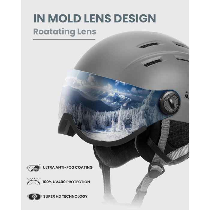 Шолом для сноубордингу та лиж OutdoorMaster з маскою, захисний EPS-піна, 14 вентиляційних отворів, сірий матовий, M