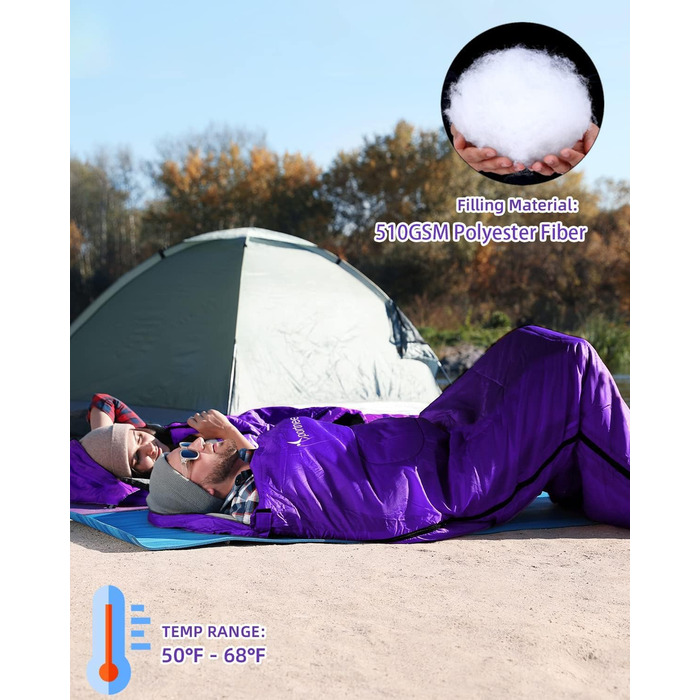 Спальний мішок Sportneer для дорослих та дітей - легкий, компактний, для кемпінгу, походу, рюкзака, 220x75 см, фіолетовий