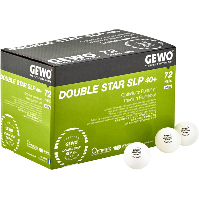 GEWO Double Star SLP тенісні м’ячі для настільного тенісу 2 зірки, пластикові 40+ мм, безшовні, професійні тренувальні, 72 шт., білі