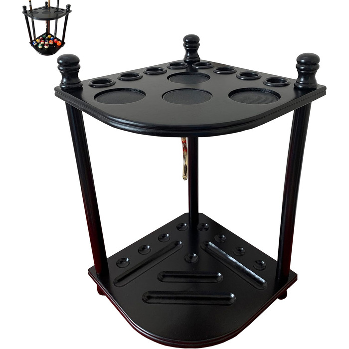 Стійка для більярдних київ GACCO BILLIARDS на 8 київ та аксесуари, з тримачем для куль, з кутів, з масиву дерева, чорна