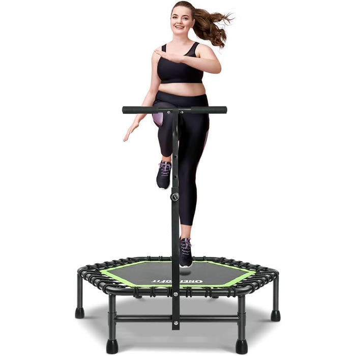 Трамплін ONETWOFIT 107/114 см для дому та вулиці, з м'яким пружинним батутом, тихий міні-трамплін для фітнесу, зелений шестигранник з ручкою